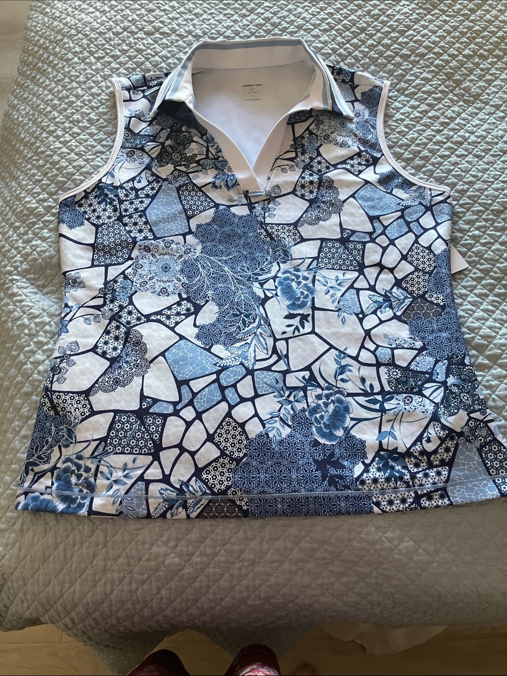 Johnny Was Blue and White Mosaic Sleeveless Polo Top